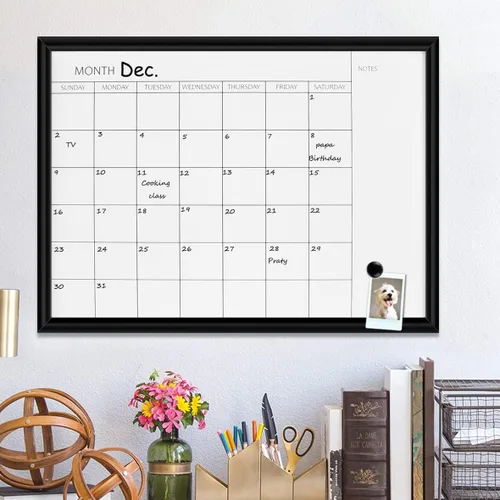 Vista 6 de TORASO Pizarra blanca de borrado en seco y calendario mensual, marco negro, tablero de planificación de tamaño pequeño para oficina, escuela