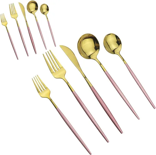 Vista 7 de Juego de cubiertos de 10 piezas – Utensilios de acero inoxidable 304 negro, tenedores, cucharas, cuchillos – Cubertería pulido espejo para 2