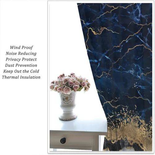 Vista 5 de Cortinas abstractas de mármol de lujo de lujo azul marino dorado a rayas con patrón de mármol estampado para dormitorio, sala de estar, cortinas