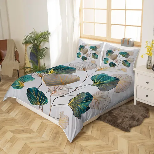 Vista 2 de Feelyou Funda de edredón de hojas de ginkgo, juego de ropa de cama con diseño de hojas botánicas para niños y niñas, funda de edredón de microfibra