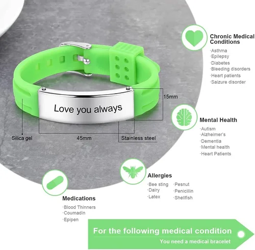 Vista 75 de OPALSTOCK Pulseras médicas personalizadas de silicona ajustable para identificación de emergencias, grabado gratuito, 9 pulgadas, resistente al
