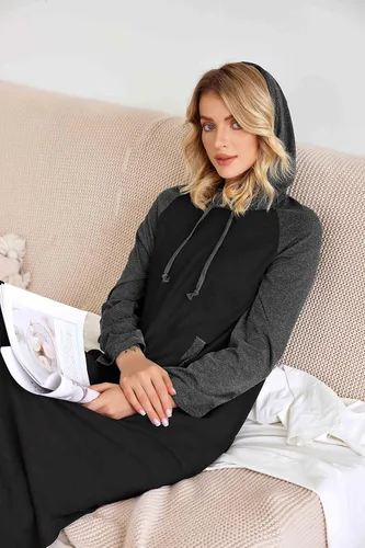 Vista 3 de Ekouaer Camisón de manga larga con capucha para mujer, color de contraste, ropa de descanso de longitud completa con bolsillo, S-4XL