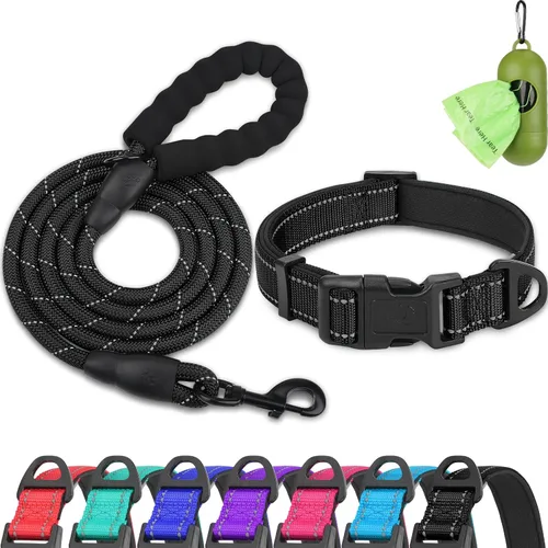 Vista 14 de Dynmeow - Juego de collar y correa reflectante para perro, correa de cuerda de escalada resistente de 6 pies con mango acolchado, collar ajustable