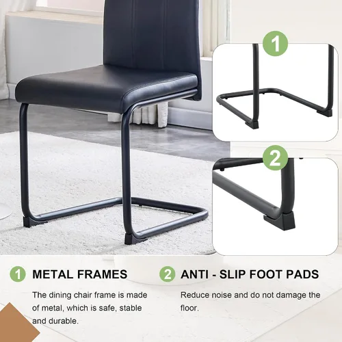 Vista 7 de Juego de 2 sillas de comedor, sillas de comedor tapizadas con respaldo alto negro con patas de metal cromado, sillas laterales de cocina modernas