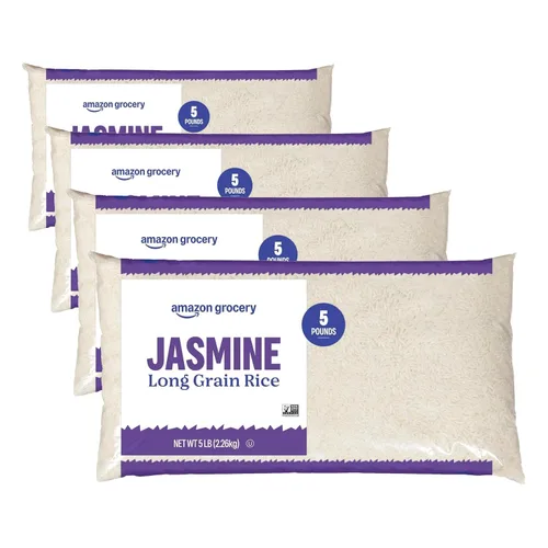 Vista 5 de Amazon Grocery, Arroz Jasmine de grano largo, 5 libras (anteriormente Happy Belly, el empaque puede variar)