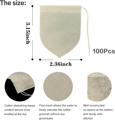 Vista 2 de Bolsas de filtro de té desechables con forma de lágrima para té suelto, café en polvo, biodegradables y compostables, bolsas infusoras de té vacías