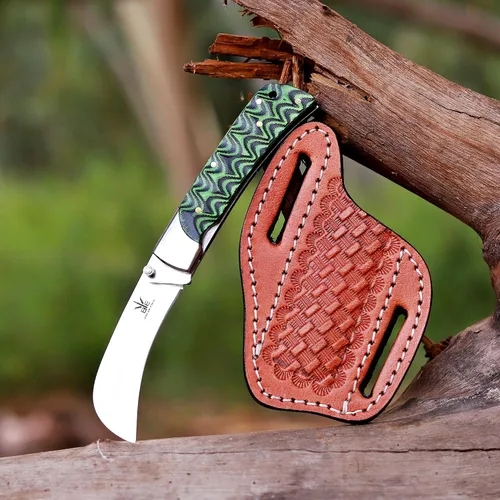 Vista 2 de Hawkbill, navaja plegable de bolsillo con hoja de acero curva, herramientas para electricistas, mango G10 negro y verde.