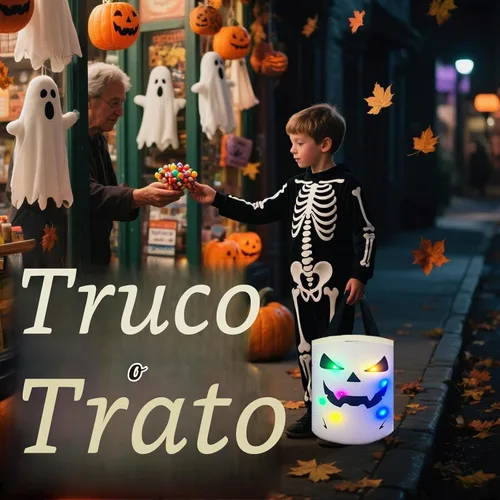 Vista 7 de Bolsas de Halloween para dulce o truco, cubo de caramelos, cesta de fantasmas iluminada, decoración multiusos reutilizable para dulces cubos