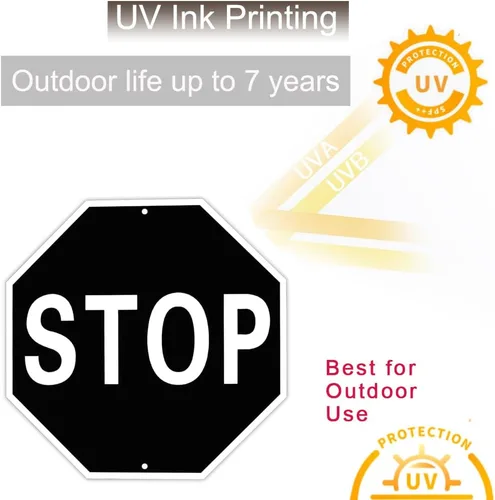 Vista 4 de Decoración clásica de letrero de carretera negro STOP – 12 x 12 pulgadas de aluminio con impresión UV ultra duradera para interiores y exteriores