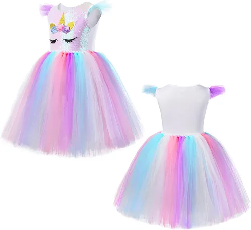 Vista 3 de PinkBeautiM Vestido tutú de unicornio para niñas disfraz de unicornio de lentejuelas para niña con diadema vestidos de fiesta de cumpleaños de 3 a
