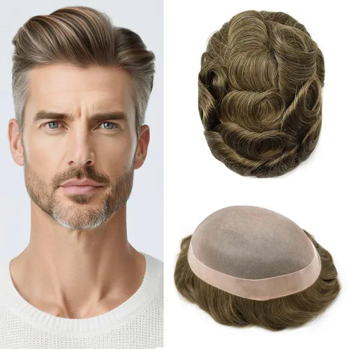 Vista 110 de Fine Mono Men Hair System Mens Toupee Real Human Hair Pieces For Men's Toupee Hair System For Men Hair Piece Natural Hairline 6X8 densidad de luz