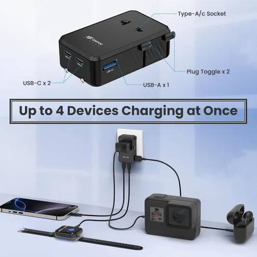 Vista 3 de Adaptador de viaje universal, adaptador de corriente internacional Negro