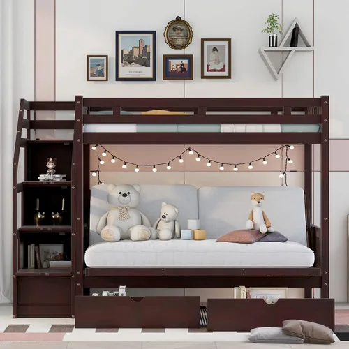 Vista 12 de Harper & Bright Designs Literas de tamaño individual sobre matrimonial, litera con escaleras y nido, literas de madera con estante de almacenamiento