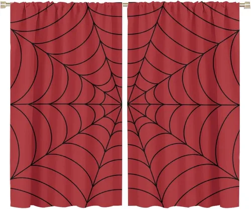 Vista 102 de Cortinas opacas de tela de araña aterradora para niños, tela de araña en blanco y negro, fondo rojo, dormitorio de niños, guardería, decoración