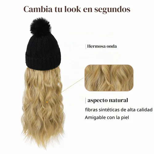Vista 2 de Flufymooz Gorro con peluca, extensión de pelo con gorro de piel sintética con pompón largo ondulado rizado, peluca con gorro adjunto de 20 pulgadas