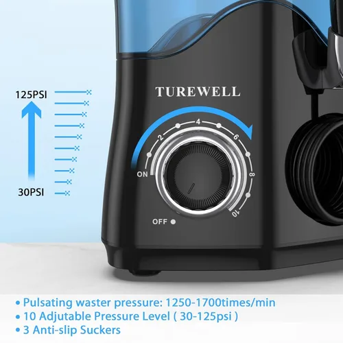 Vista 4 de TUREWELL - Hilo dental de agua para dientes/frenos, limpiador de dientes de agua con 8 puntas de chorro y 10 niveles de presión, irrigador bucal