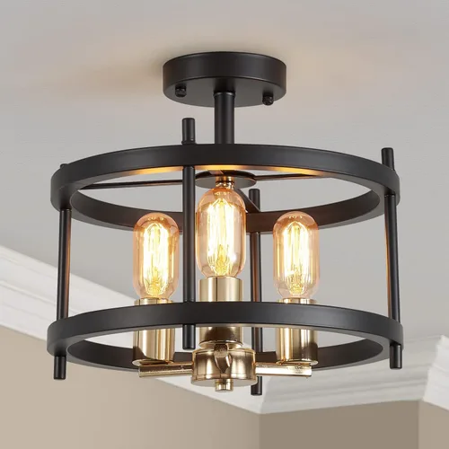 Vista 12 de AGV LIGHTING Lámpara de techo semiempotrada de granja, 3 luces cerca del techo, acabado dorado brillante y negro mate