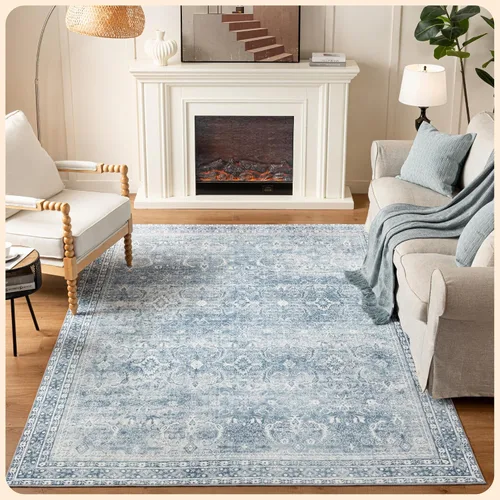 Vista 47 de Istana Alfombra larga antideslizante de 2.5 x 8 para el hogar, para pasillo y cocina, lavable, sedosa y suave al tacto, elegante, color azul y marfil