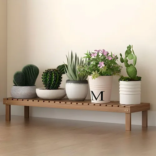 Vista 25 de Soporte rectangular para plantas de madera maciza de 1 nivel, 4 patas, flores, suculentas, rábano verde, de una sola capa, escalera de balcón Marrón