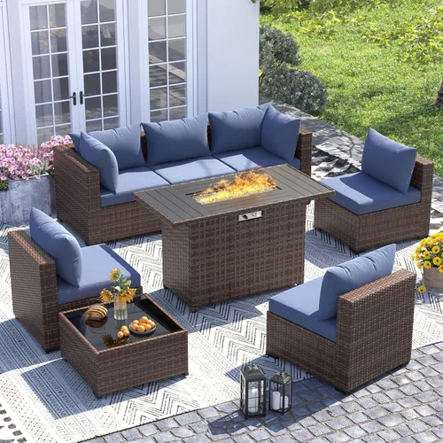 Vista 12 de UDPATIO Muebles de exterior 7 piezas de mimbre para patio, cojín Beige