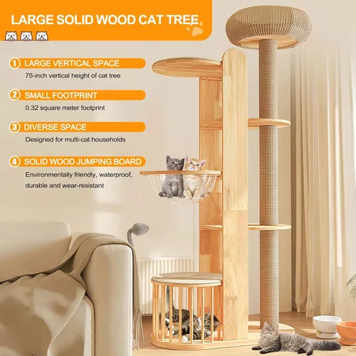 Vista 3 de Árbol de gato de 75 pulgadas para gatos de interior grandes y adultos, torre moderna de escalada para gatos grandes, poste alto para gatos, acogedor