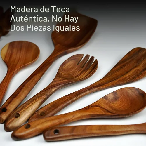 Vista 2 de Juego de utensilios de madera de teca premium, 7 cucharas y espátulas de cocina hechas a mano, antiadherentes, duraderos, resistentes al calor