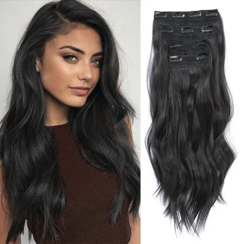 Vista 14 de Extensiones de cabello ondulado largo con clip, 4 piezas de extensiones de cabello sintético grueso con clip, para mujer (#4)