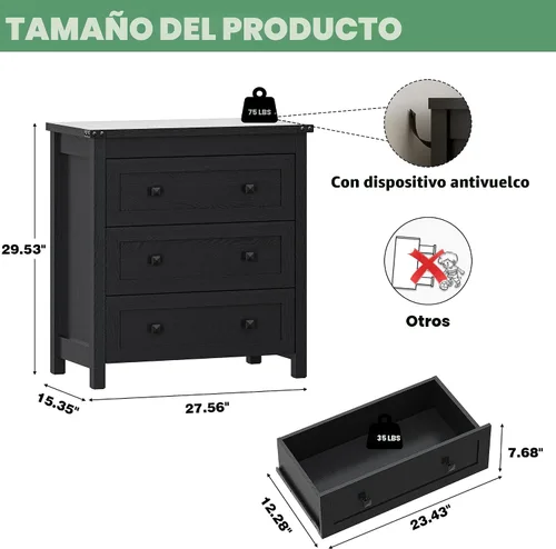 Vista 2 de Cómoda para dormitorio con 3 cajones, cajones pequeños de 27.55" de ancho, cómoda de madera estilo granja, mesita de noche, gabinete de cabecera