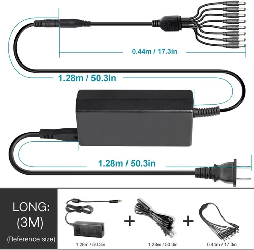 Vista 2 de Fancy Buying Adaptador de corriente para cámara de seguridad, 12 V, 5 A, 100 V-240 V CA a CC, cable divisor de alimentación de 8 vías, certificado