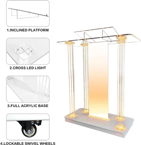 Vista 5 de Púlpito de Iglesia Personalizable con Logo y Texto, Atril con Soporte, Podium Transparente de Acrílico LED con Ruedas y Plataforma de Lectura