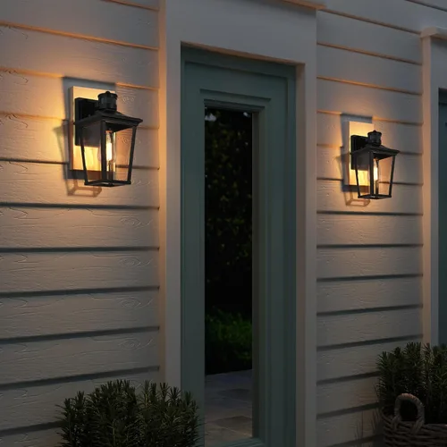 Vista 4 de Luces de pared con sensor de movimiento para exteriores, apliques de pared exterior de granja con vidrio transparente, faroles impermeables modernos
