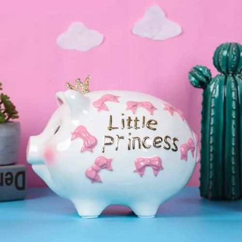 Vista 3 de Alcancía de cerámica, banco de monedas, caja de dinero de princesa corona para niña (rosa, 8.3 pulgadas de largo)