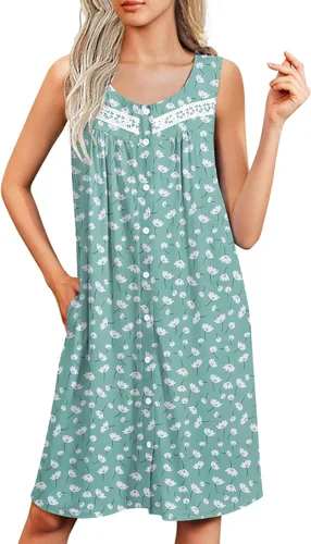 Vista 18 de Ekouaer Camisones para mujer, con botones, sin mangas, suave, con bolsillos, tallas S-XXXL