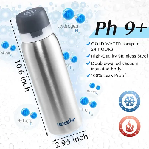 Vista 2 de Level Up Way Botella de agua de acero inoxidable de alta calidad de 25 onzas con filtro, sin BPA, esenciales de viaje, filtro de agua alcalino pH 9+