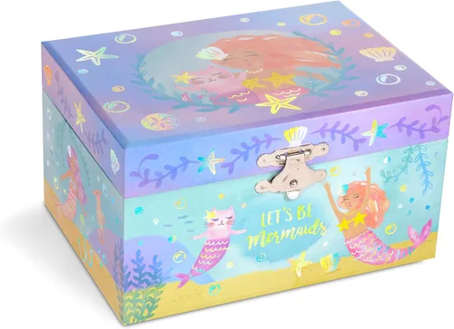 Vista 4 de Jewelkeeper Joyero musical de sirena arcoíris para niña, paquete de diseño de lámina dorada con caja de almacenamiento de joyería musical para niña