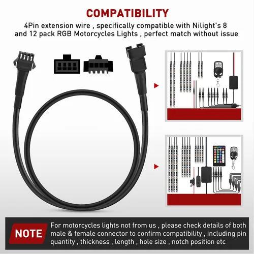 Vista 5 de Nilight - Cable de extensión para motocicleta, 4 tiras de luces led de 2 pies, 3 divisores en Y de 2 vías, extensión de 4 clavijas para tiras