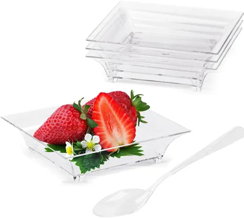 Vista 10 de TOFLEN Mini platos de postre de 100 unidades con cucharas de degustación, 3-1/8 x 2-5/8 pulgadas, pequeños platos de plástico transparente