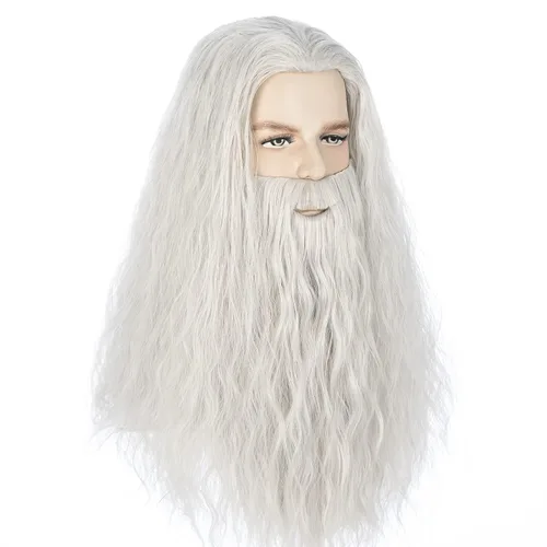 Vista 2 de MAN SI Pelucas y barba grises plateadas, peluca larga ondulada de mago para hombres, peluca de disfraz de Halloween