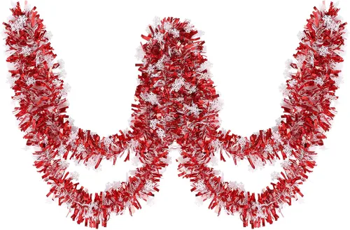 Vista 5 de CCINEE Guirnalda de oropel de Navidad de copo de nieve rojo de 32.8 pies, guirnalda metálica de oropel giratorio, decoración de árbol para fiesta