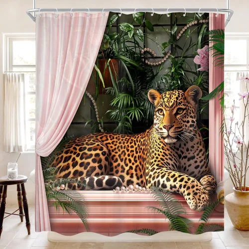 Vista 19 de Juego de cortina de ducha de baño con diseño de leopardo y guepardo rosa A-01pink leopardo verde