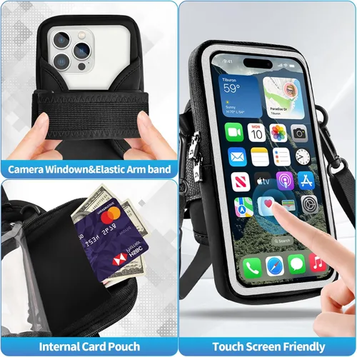 Vista 3 de Soporte para teléfono para correr, brazalete para teléfono celular, bolsa cruzada transparente para teléfono con correa ajustable, bolsa de brazo