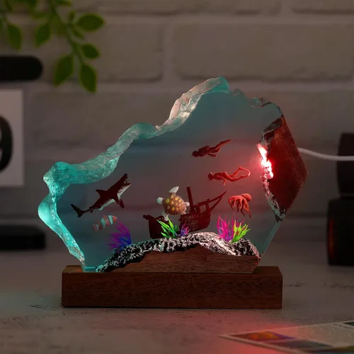 Vista 5 de Lámpara de luz multicolor de resina epoxi creativa del océano, hecha a mano, con forma de onda profunda, lámpara de océano acuático profundo