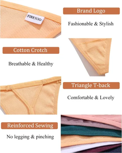 Vista 5 de FINETOO Paquete de 10 tangas ajustables para mujer, ropa interior sexy de tiro bajo, bragas de algodón para mujer, S-XL