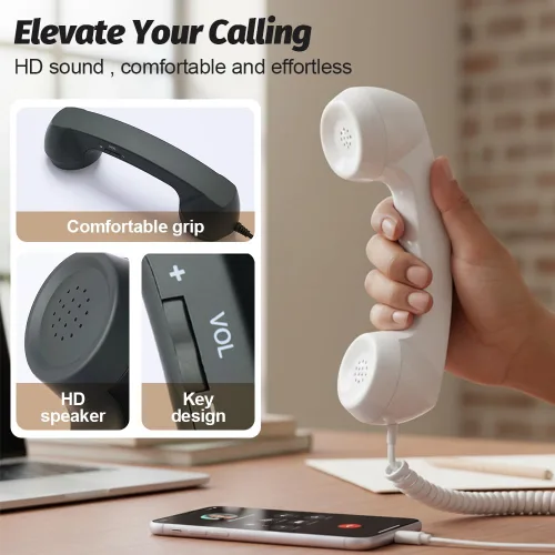 Vista 4 de Auricular de teléfono retro, nuevo tipo-C 2026 estilo retro con cable, auricular de teléfono para teléfono móvil, receptor retro con cable para Negro