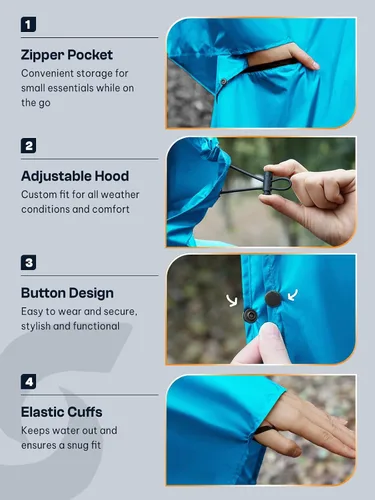 Vista 5 de SaphiRose - Poncho de lluvia unisex impermeable con capucha para mujeres adultas con bolsillos