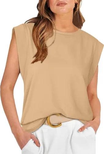 Vista 20 de WIHOLL Camisetas de mangas casquillo para mujer, camisetas básicas de verano, camisetas informales sin mangas, ajuste holgado, a la moda D - Raya