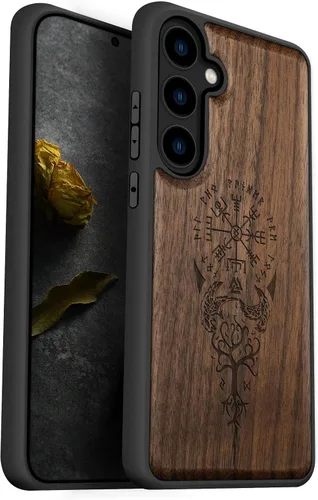 Vista 15 de Carveit Funda de madera para Galaxy S24, brújula vikinga, rosa Viking-Rosy