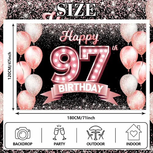 Vista 101 de Cartel de feliz cumpleaños décimo oro rosa, telón de fondo, saludos a 10 años, globos de confeti, decoración temática para niñas de 10 años