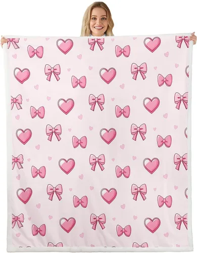 Vista 41 de Manta de franela de forro polar con lazos rosados femeninos de 40 x 50 pulgadas, manta mullida de corazones para el día de San Valentín para sofá