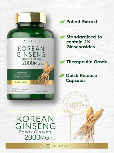 Vista 4 de Carlyle Cápsulas de ginseng coreano 2000 mg 200 unidades Suplemento de extracto de Panax estandarizado Fórmula sin OMG y sin gluten